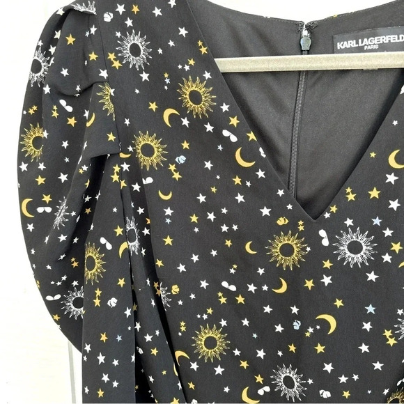 KARL LAGERFELD Paris Celestial Sun/Moon/Stars V-Neck Tie Waist Fit & Flare Dress - Picture 4 of 9